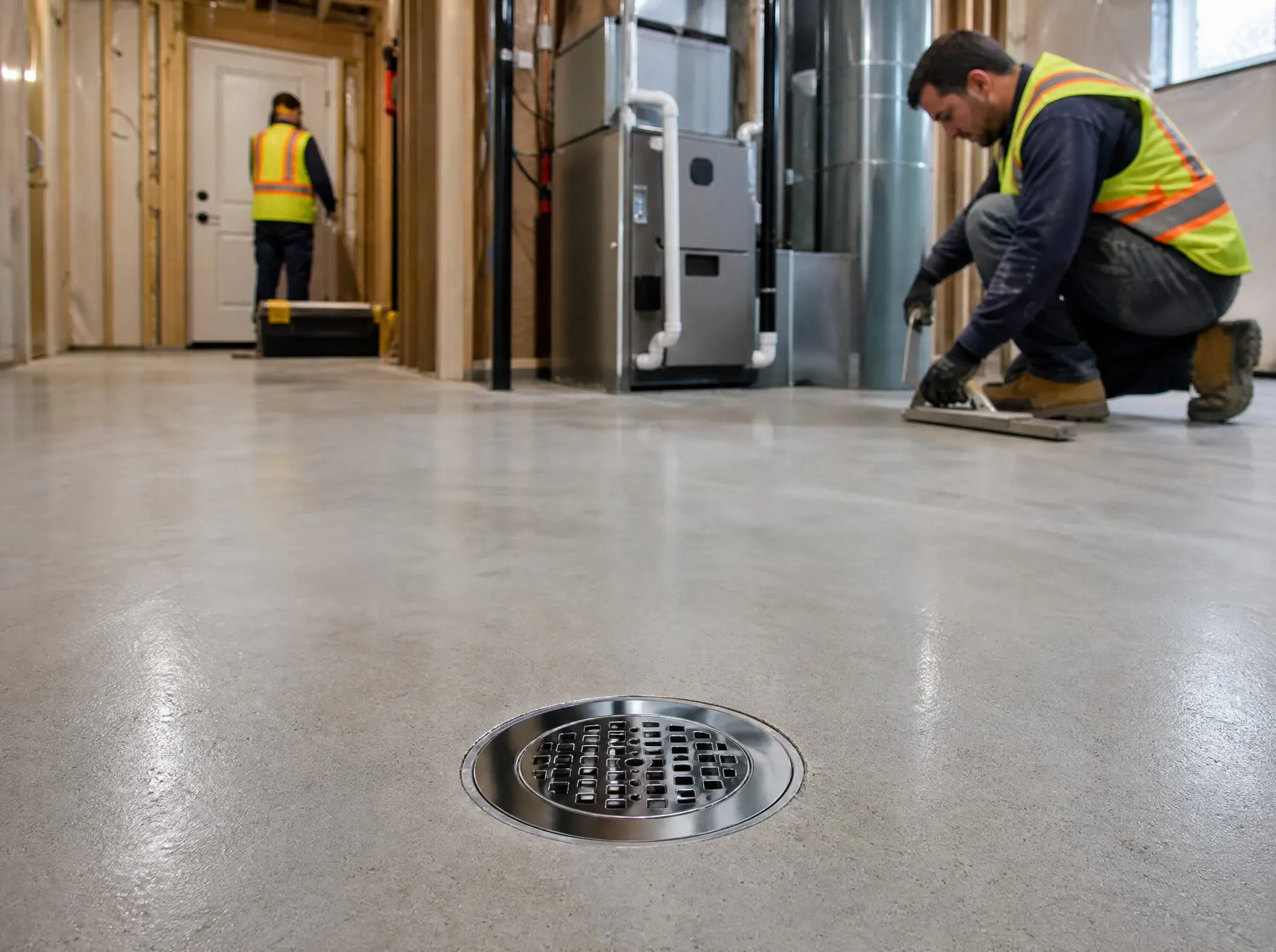 Illustrative photo of a new chrome basement floor drain set in fresh concrete