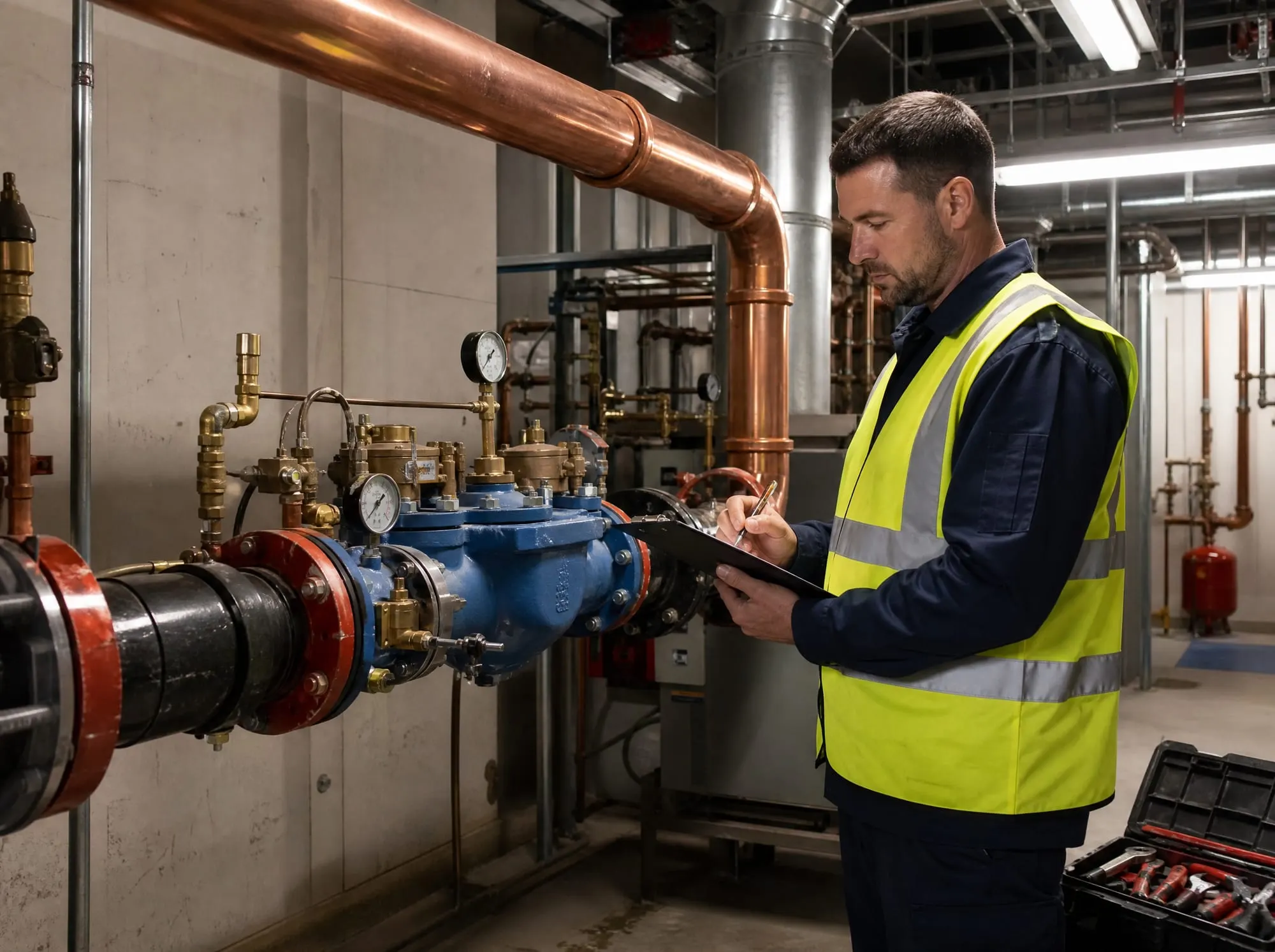 Illustrative photo of a plumber checking a large water main and valve assembly in a commercial mechanical room