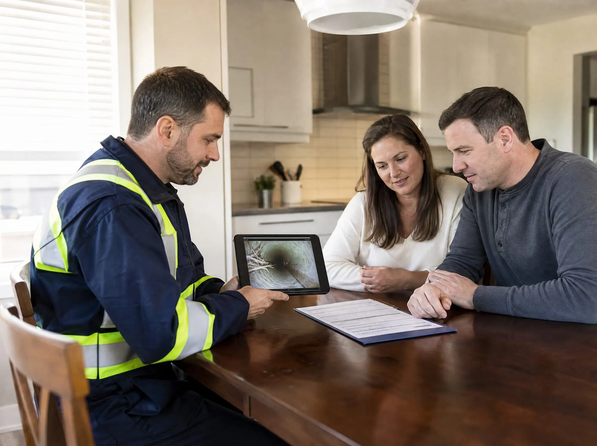 Illustrative image of a plumber reviewing a written estimate with a homeowner at a kitchen table