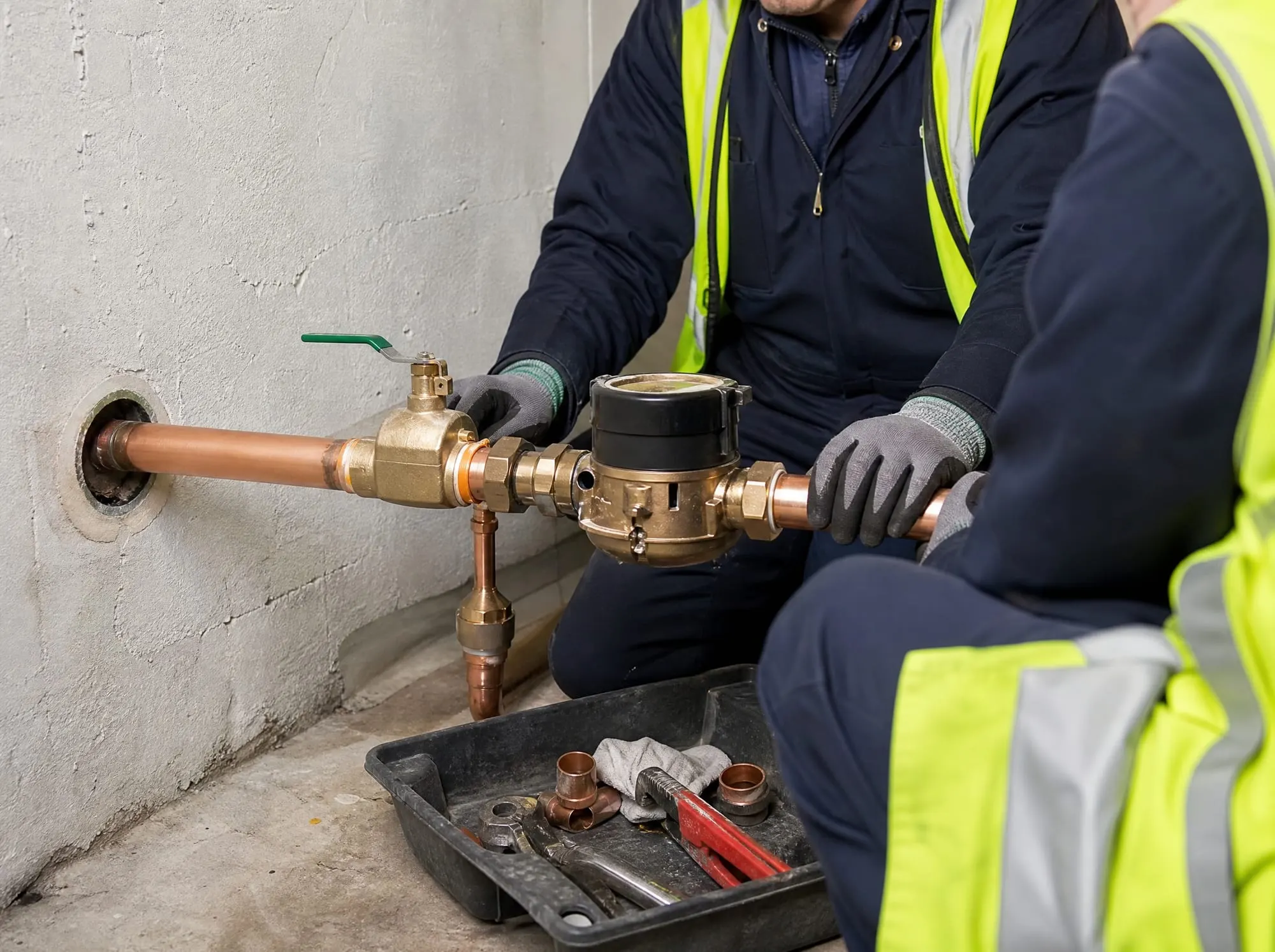 Illustrative photo of a new copper water service entering a basement beside the water meter
