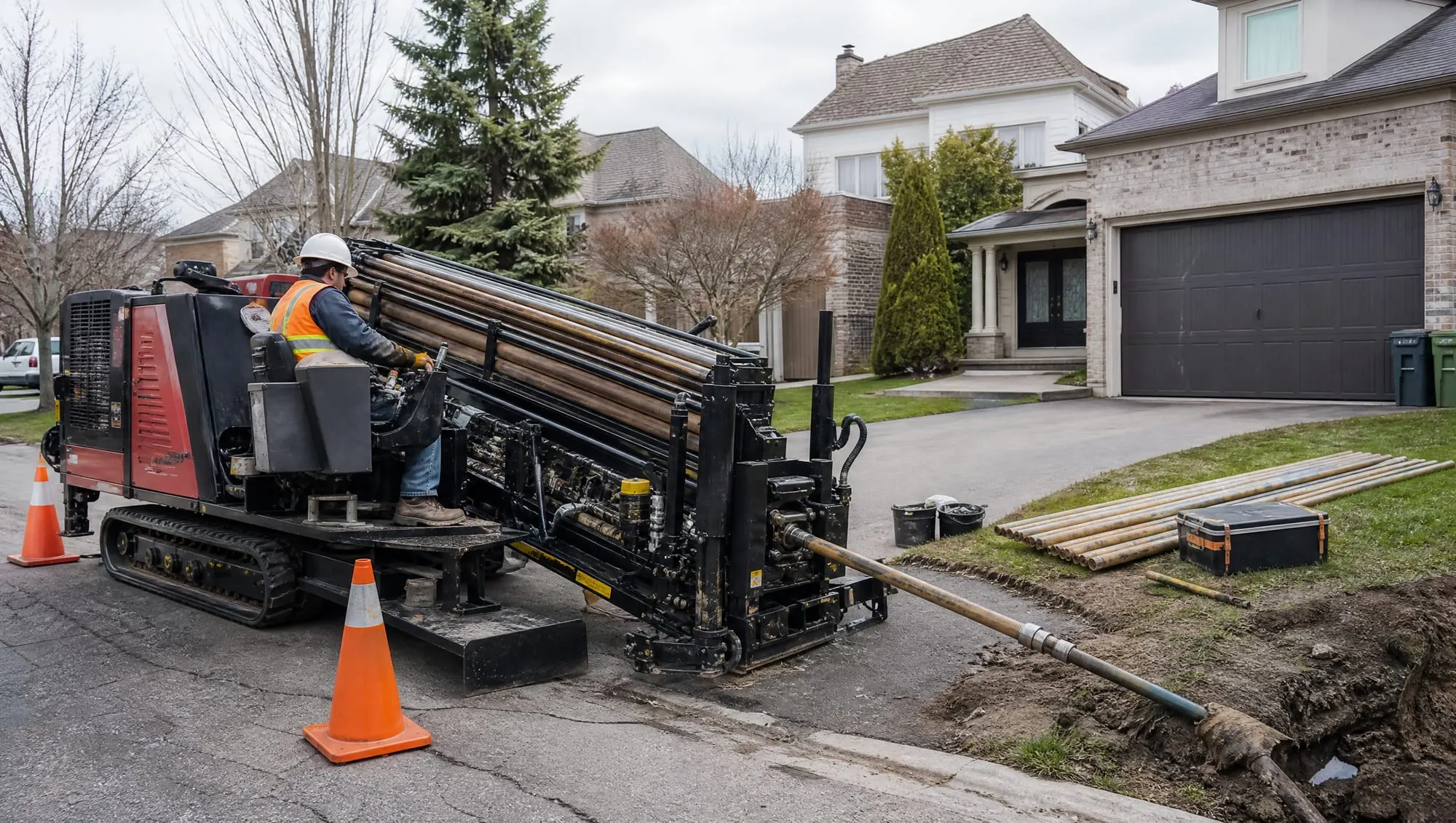 Illustrative photo of a compact directional drilling rig set up on a residential street beside a driveway