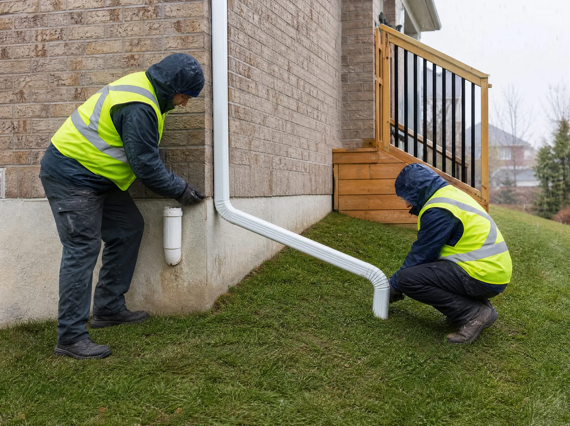 Illustrative photo of a downspout disconnected from a capped ground pipe with an extension onto the lawn