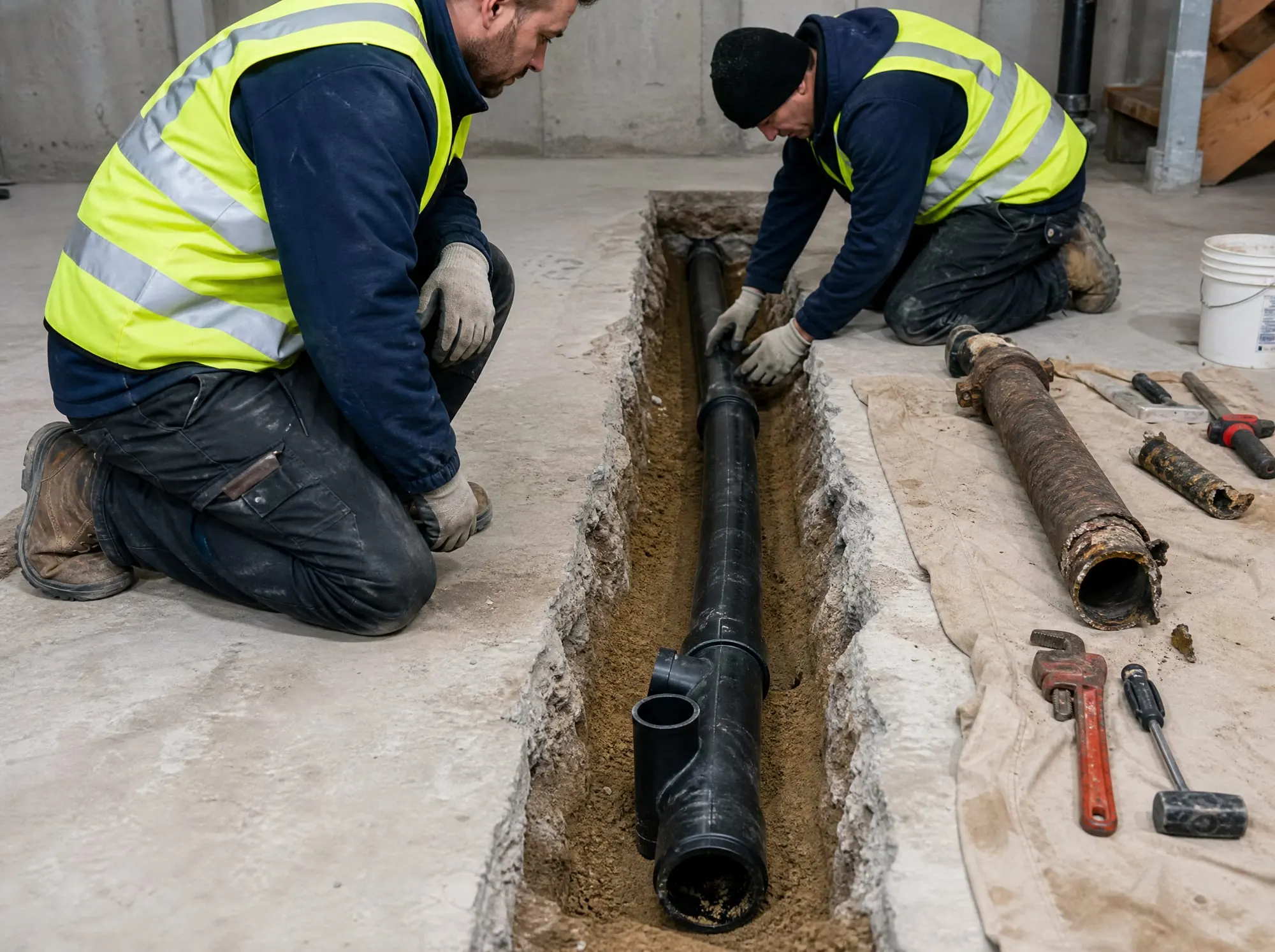 Illustrative photo of a basement floor trench with old cast iron removed and a new black drain pipe laid in place
