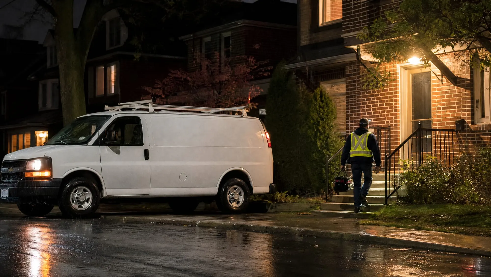 Illustrative photo of a plumber arriving at a Toronto house at night in the rain