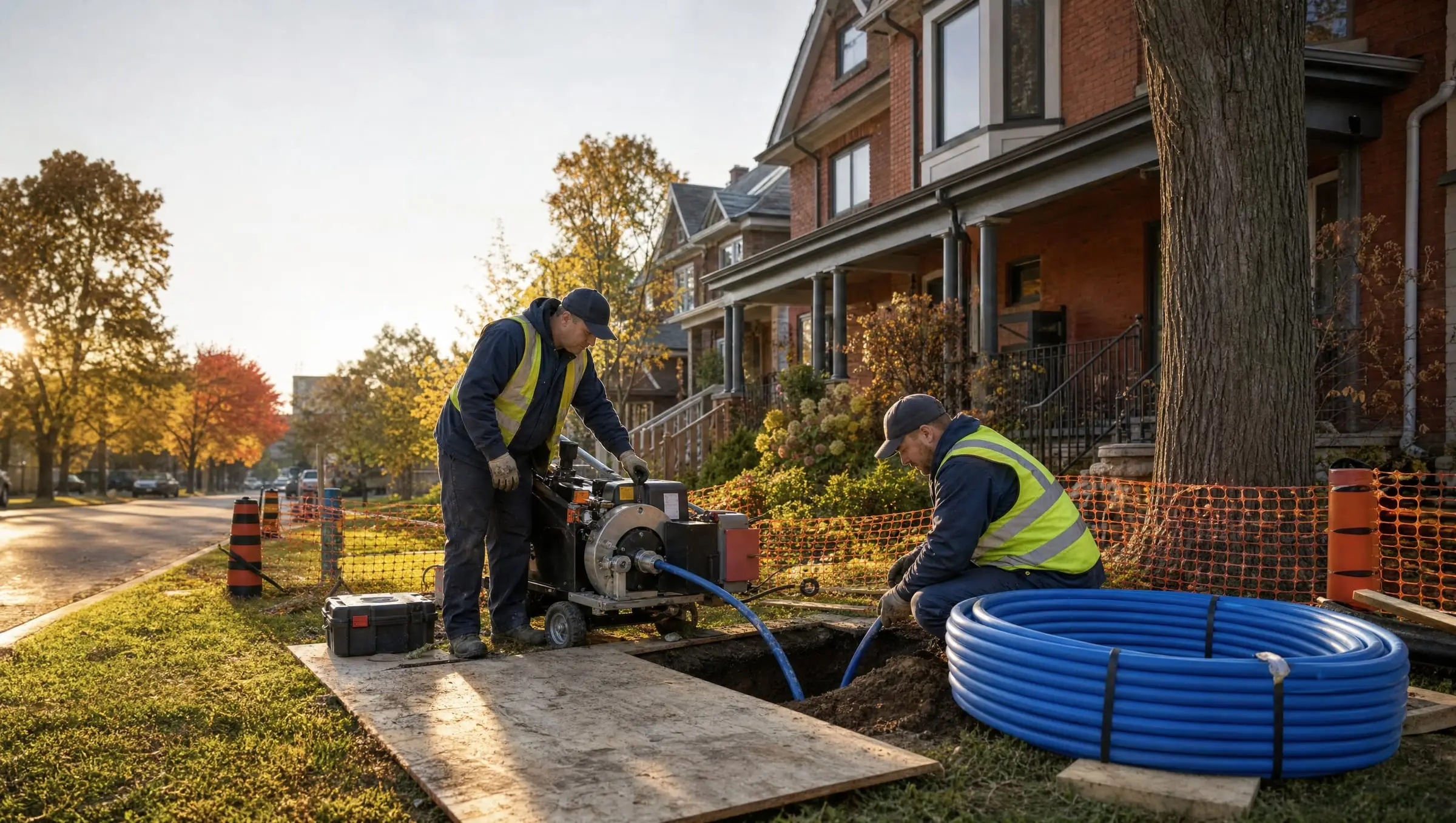 Illustrative image of two plumbers pulling a new blue water line into a small access pit in front of a brick home