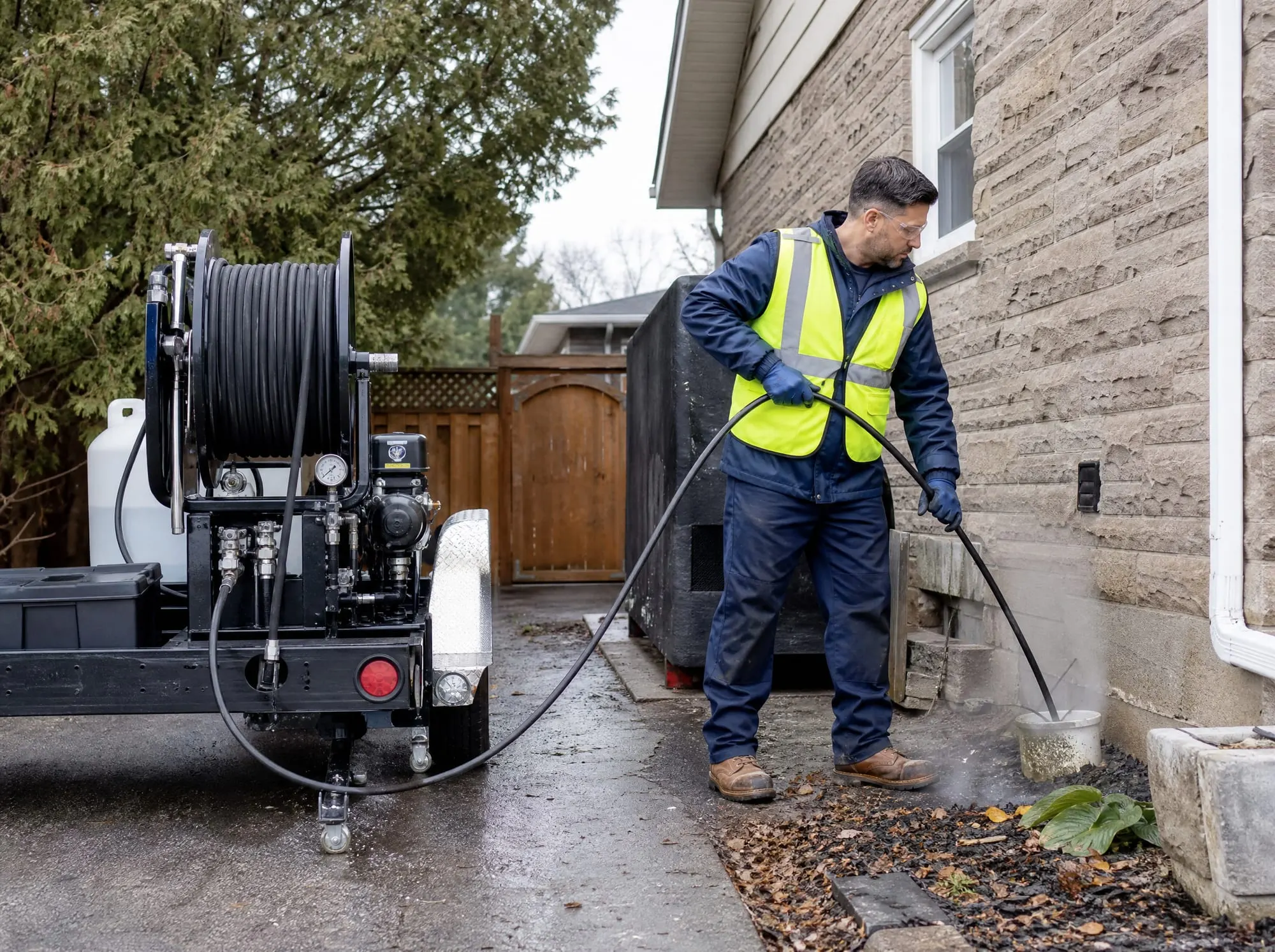 Illustrative photo of a hydro jetting hose reel in a driveway with a hose running to an outdoor cleanout