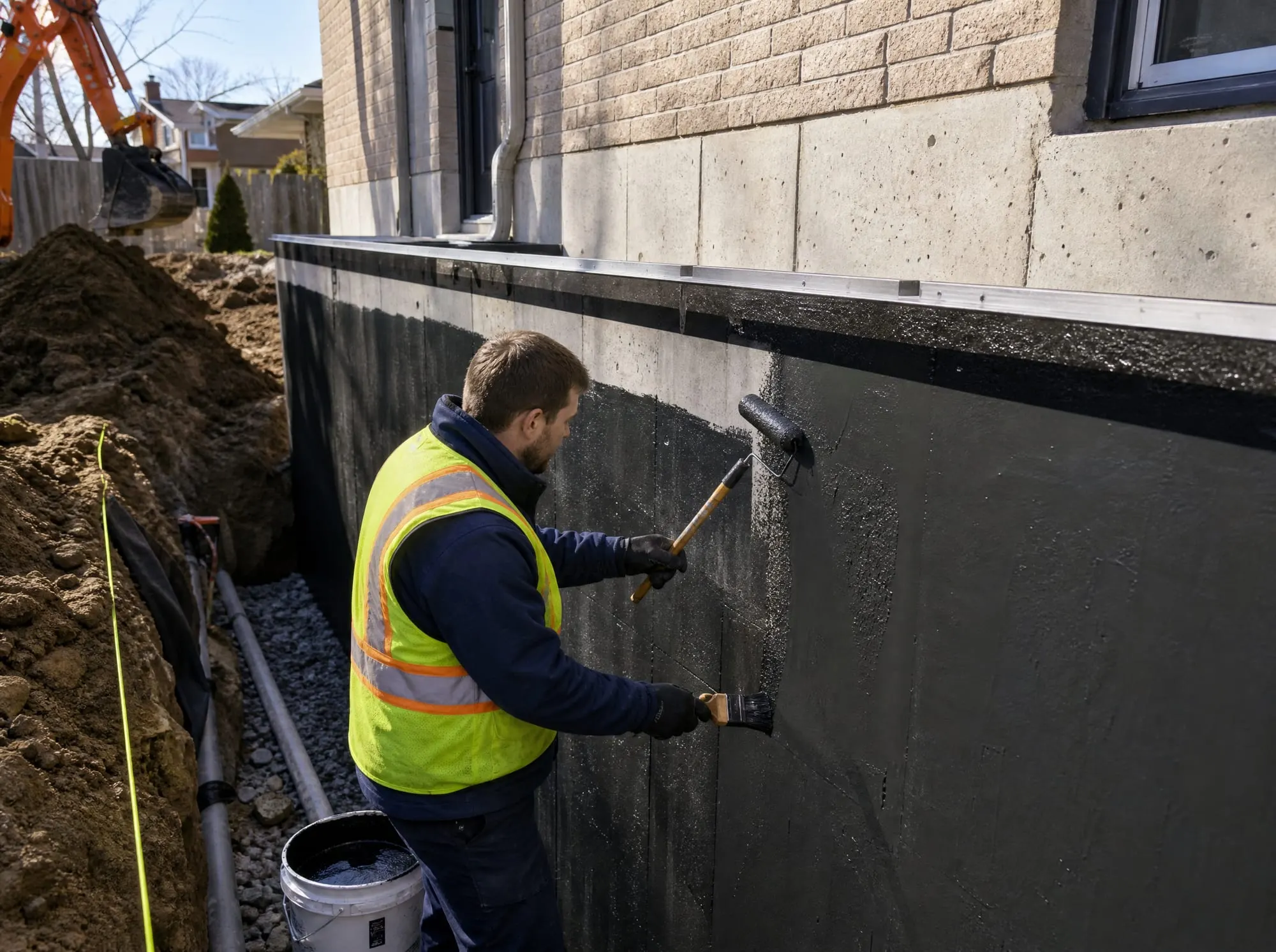 Illustrative photo of a worker applying a waterproofing coating to an exterior foundation wall